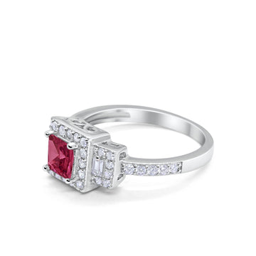 Halo Wedding Engagement Ring Round Baguette Simulated Ruby CZ 925 Sterling Silver